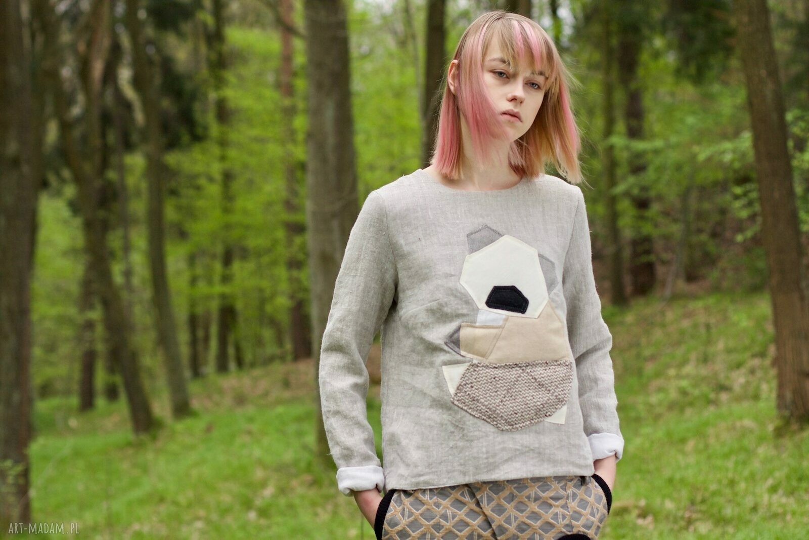 Bluza lniana z misiem - dwustronna z podwójnego lnu