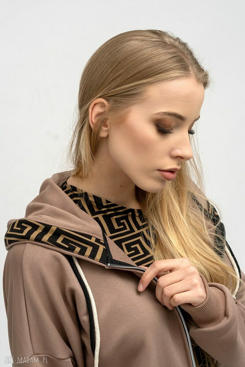 Beżowa bluza na zamek Cindi z kapturem i lampasem (handmade)