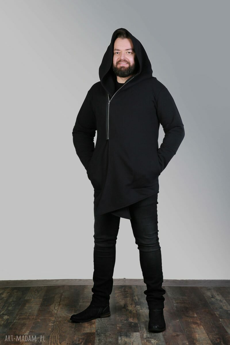Bluza męska „płaszcz na ukos” - czarna, asymetryczna, na zamek