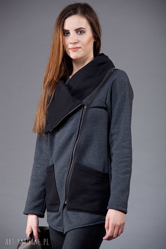 Bluza Ragini szara ze stójką na zamek - ręcznie robiona bluza damska z kieszeniami