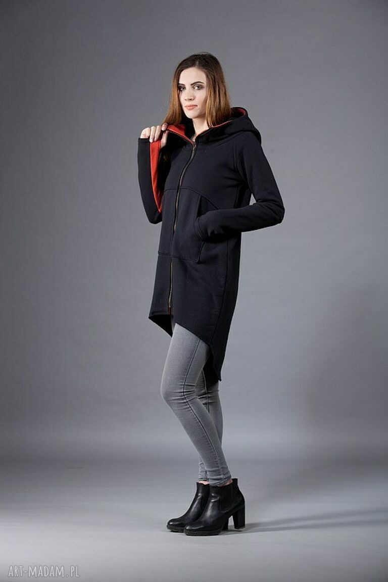 Bluza Saloni ZIP z kapturem - czarna z pomarańczem, asymetryczna na zamek i z kieszeniami