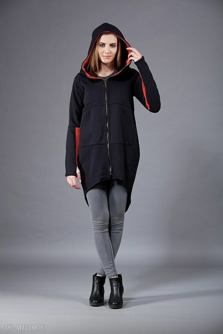 Bluza Saloni ZIP z kapturem - czarna z pomarańczem, asymetryczna na zamek i z kieszeniami