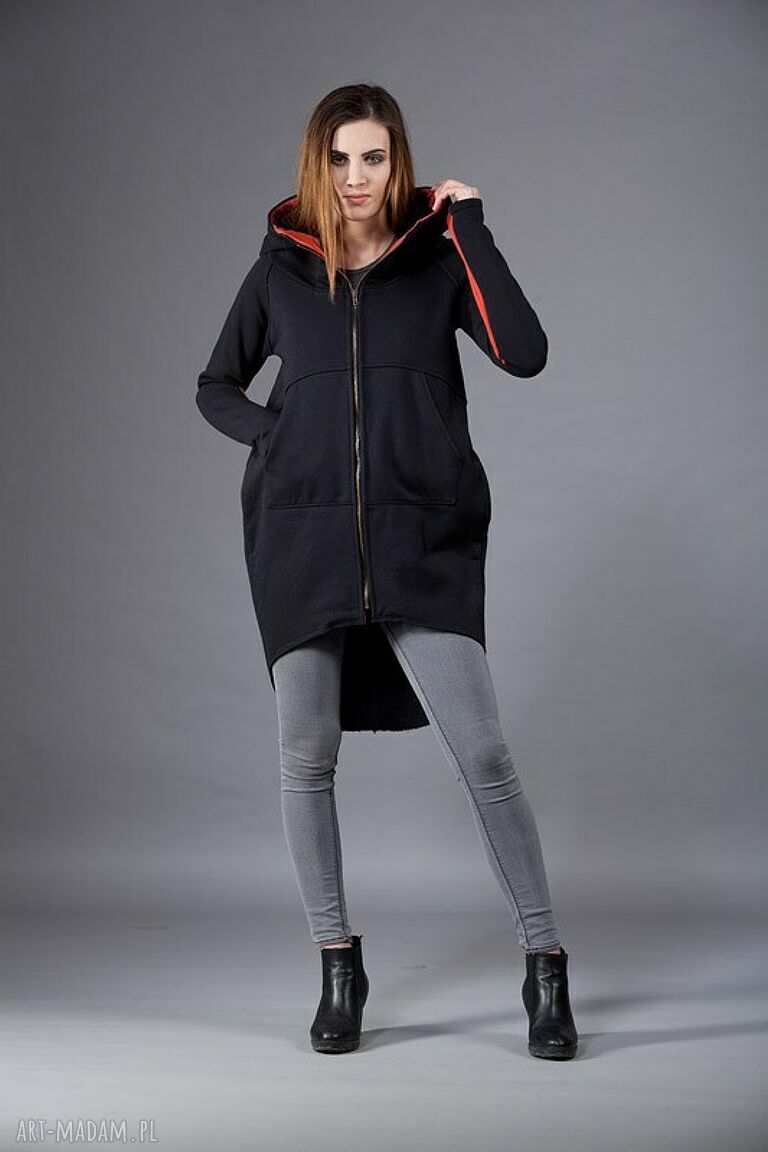 Bluza Saloni ZIP z kapturem - czarna z pomarańczem, asymetryczna na zamek i z kieszeniami