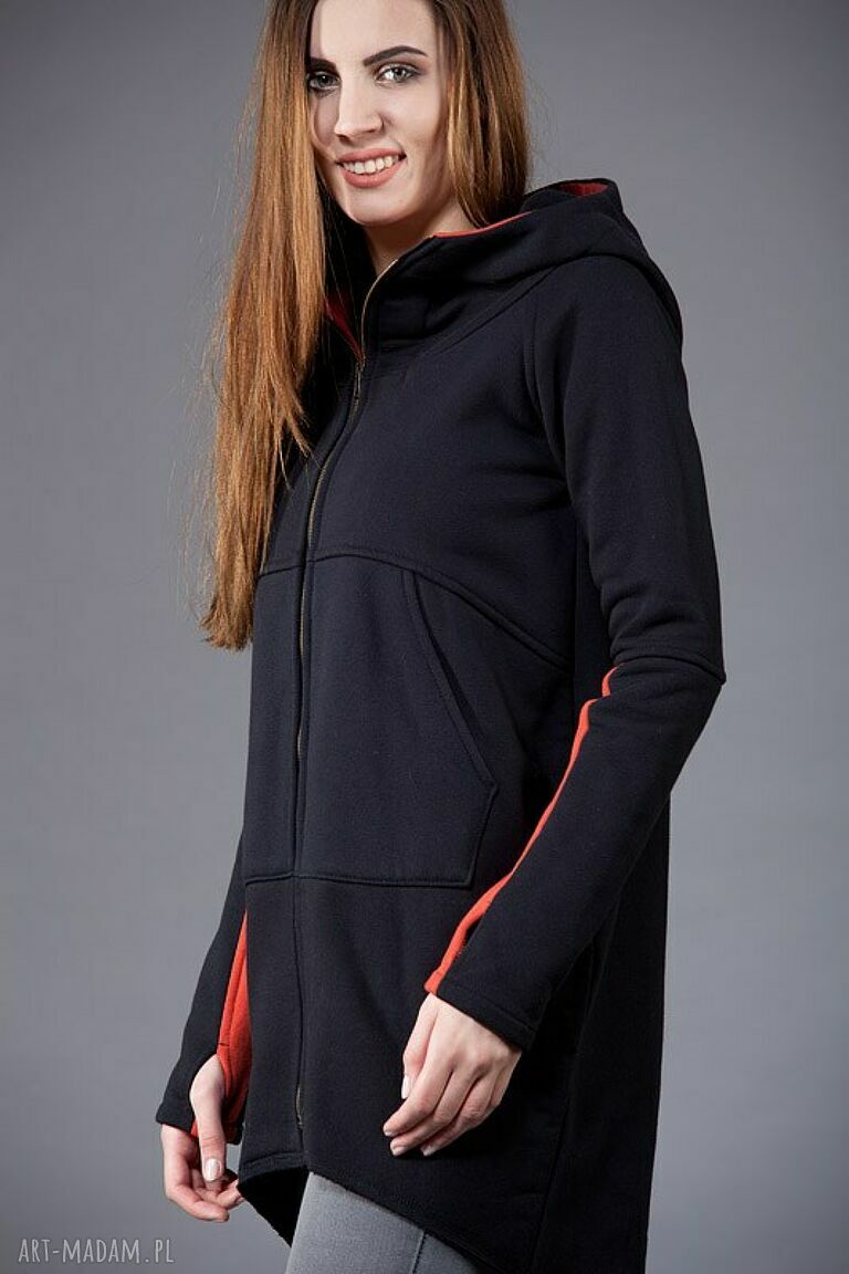 Bluza Saloni ZIP z kapturem - czarna z pomarańczem, asymetryczna na zamek i z kieszeniami