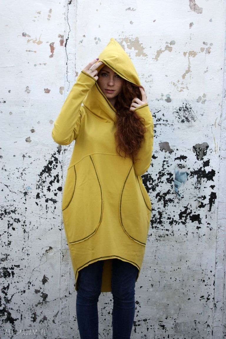 Bluza-Sukienka Tunika Saloni Mix z Kapturem i Kieszeniami