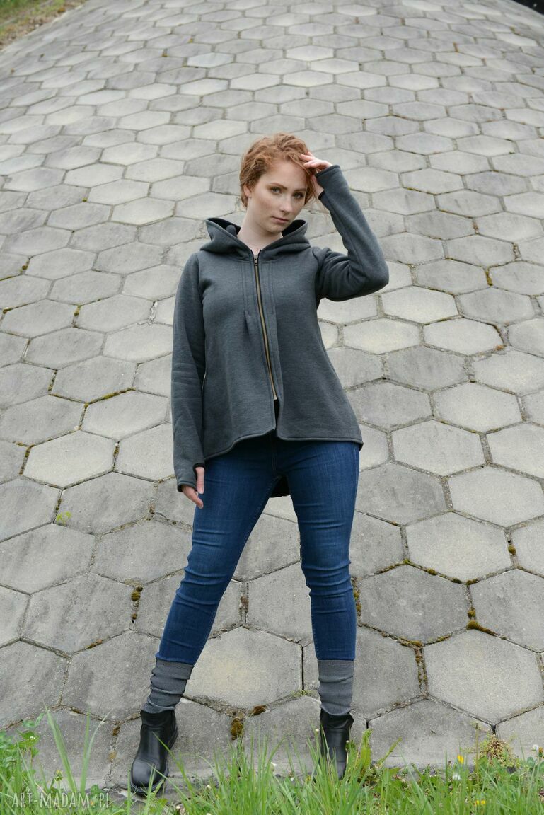 Ręcznie szyta bluza-kurtka z kapturem i kieszeniami - bawełna 90% oraz rozmiary XS-XXL