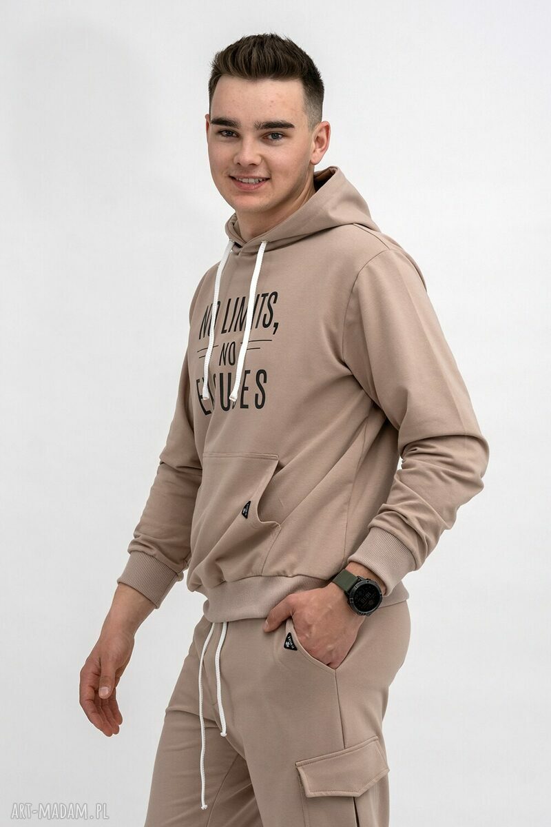Bluza z kapturem męska „No Limits No Excuses” capucino - ręczne wykonanie