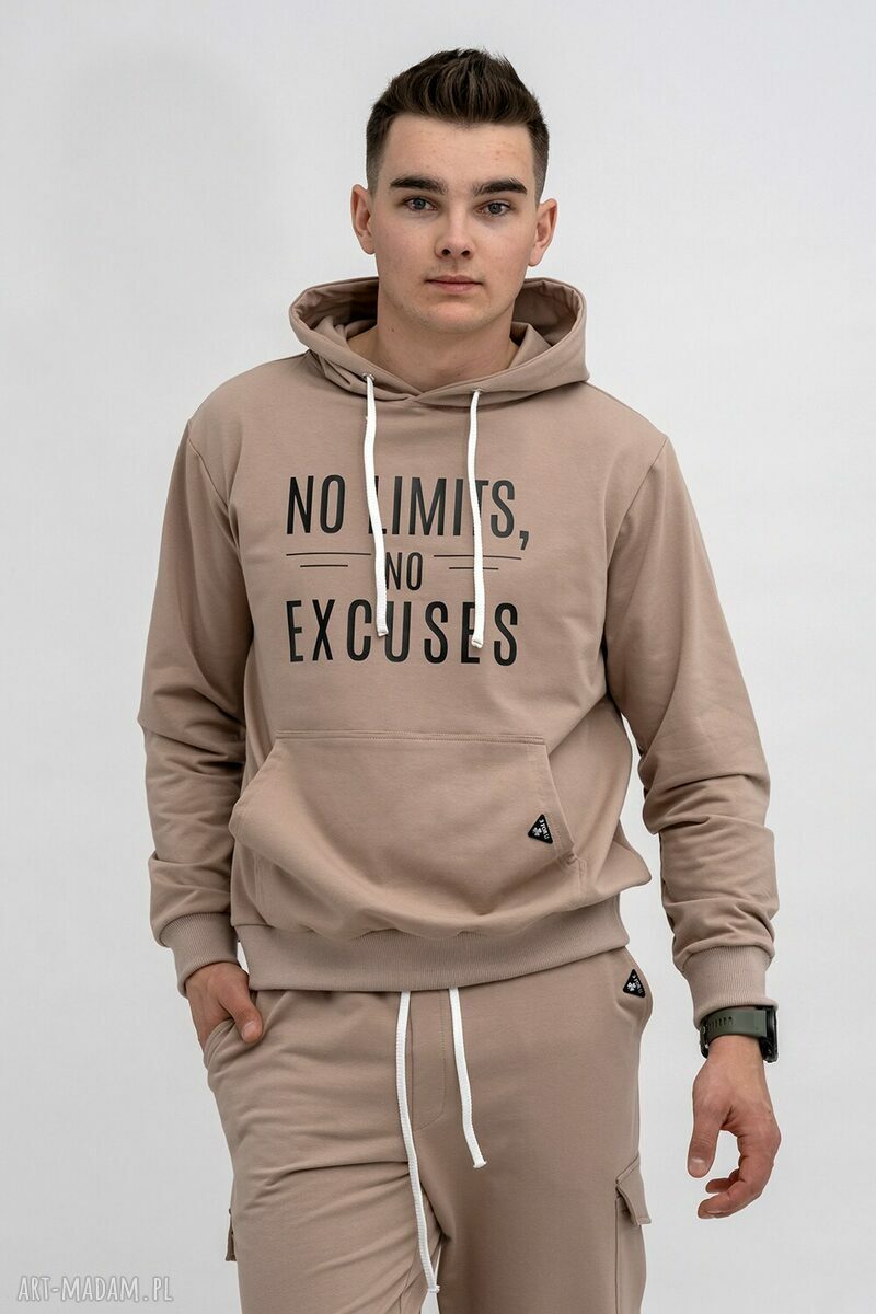 Bluza z kapturem męska „No Limits No Excuses” capucino - ręczne wykonanie