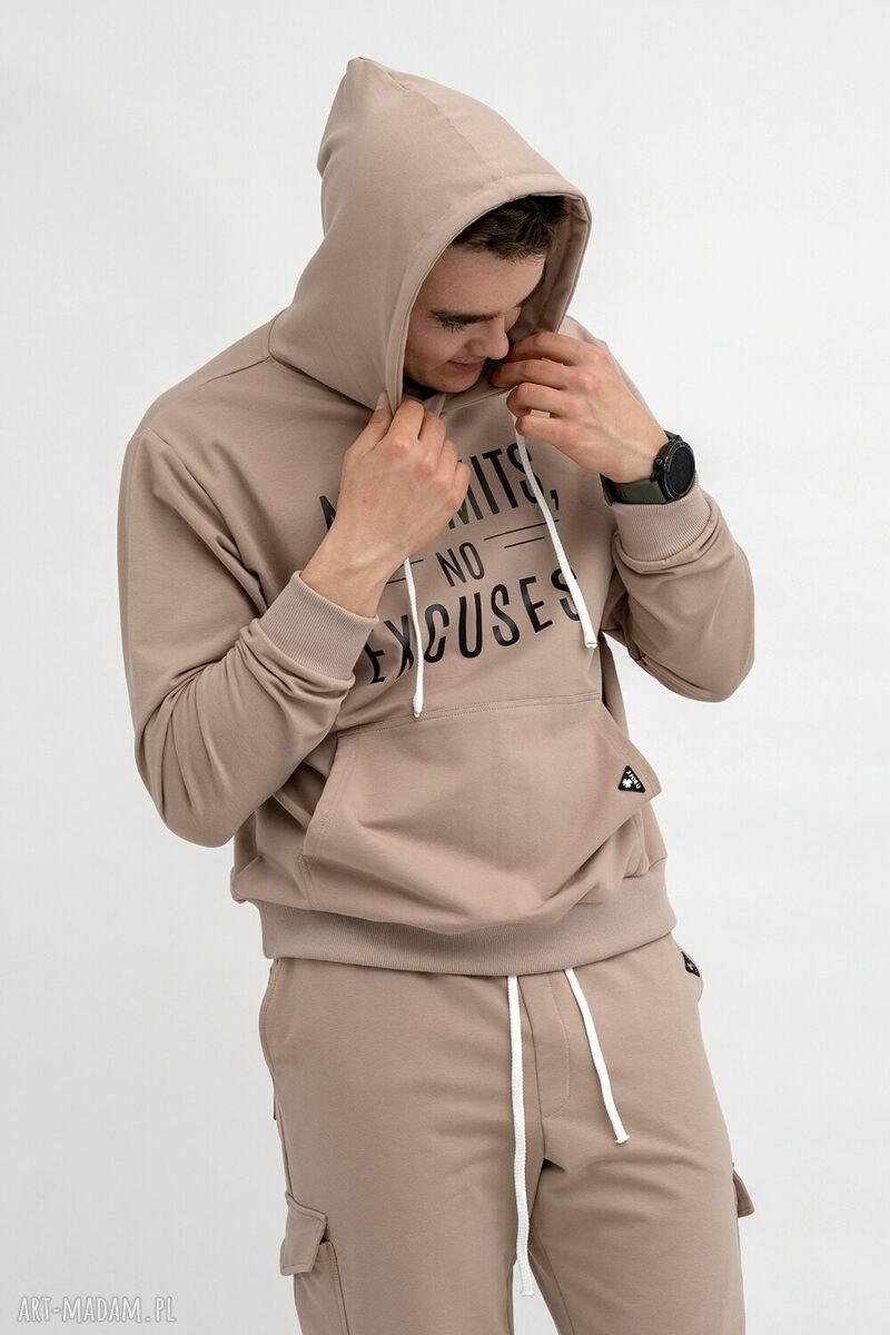 Bluza z kapturem męska „No Limits No Excuses” capucino - ręczne wykonanie