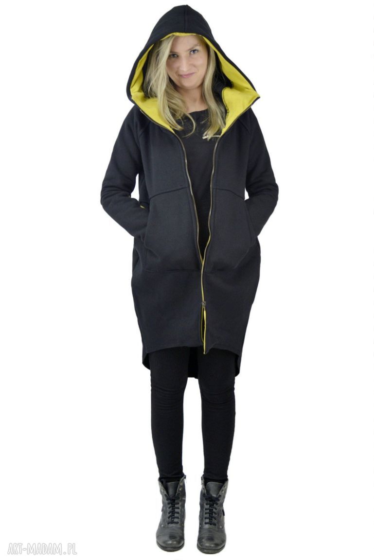 Bluza z kapturem Saloni zip - asymetryczny kardigan w czarno-żółtej bawełnie