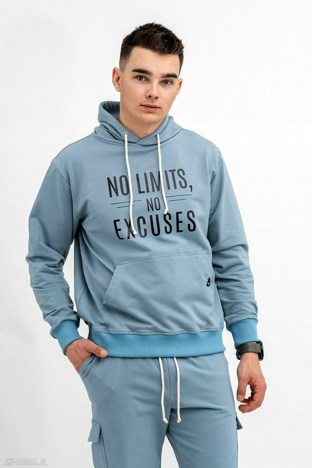 Ręcznie wykonana męska bluza z kapturem No Limits No Excuses - niebieska art-Madam.pl