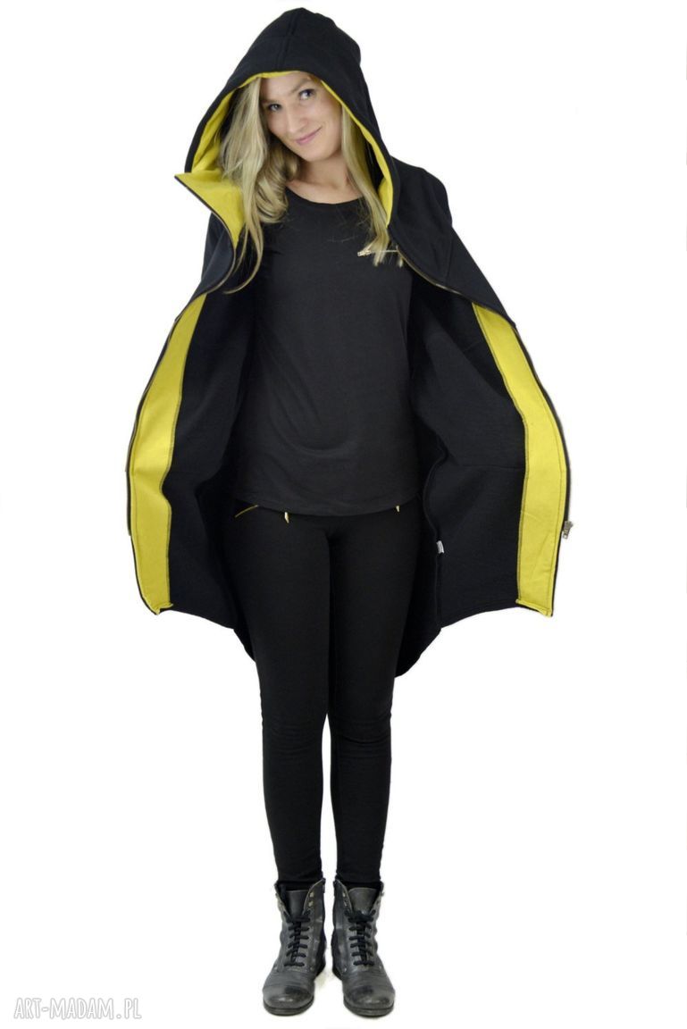 Bluza z kapturem Saloni zip - asymetryczny kardigan w czarno-żółtej bawełnie
