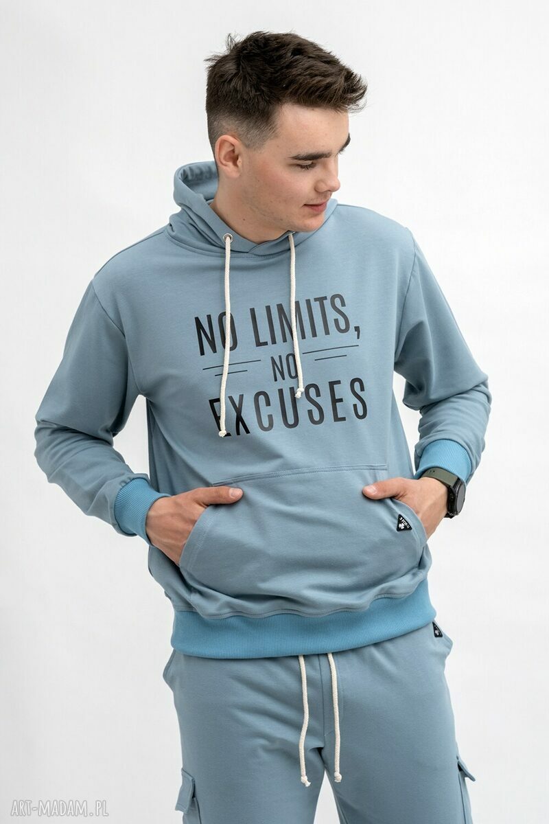Ręcznie wykonana męska bluza z kapturem No Limits No Excuses - niebieska art-Madam.pl