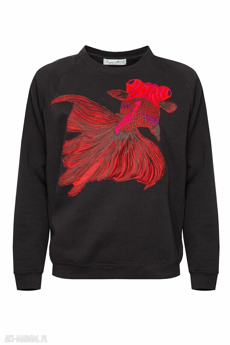 Bluza z rybą - czarna oversize z haftem (ręczne wykonanie)