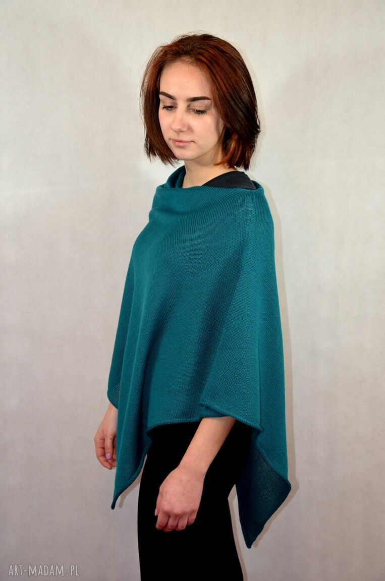 Ponczo bluzka z dzianiny oversize - turkusowa narzutka handmade