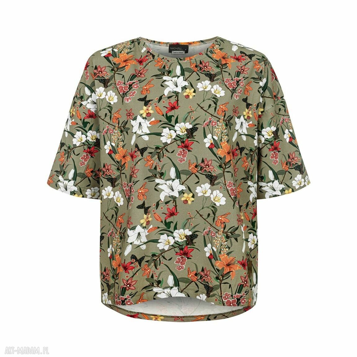 Bluzka shirt beżowo zielone kwiaty lekka lato wyjątkowy