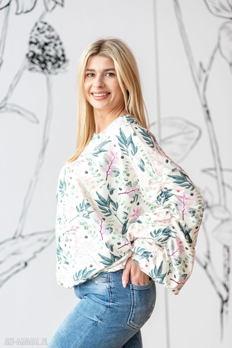 Bluzka z marszczonym rękawem Herbal jasne bawełna z elastanem, oversize (handmade)