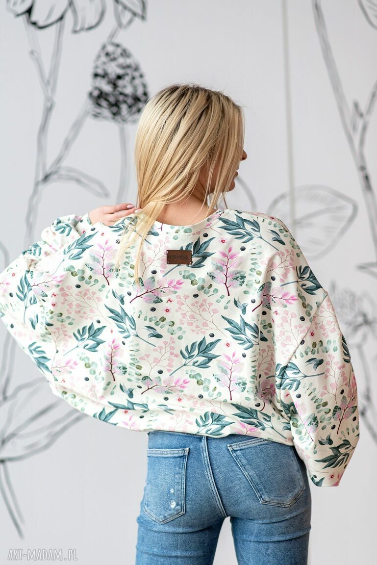 Bluzka z marszczonym rękawem Herbal jasne bawełna z elastanem, oversize (handmade)
