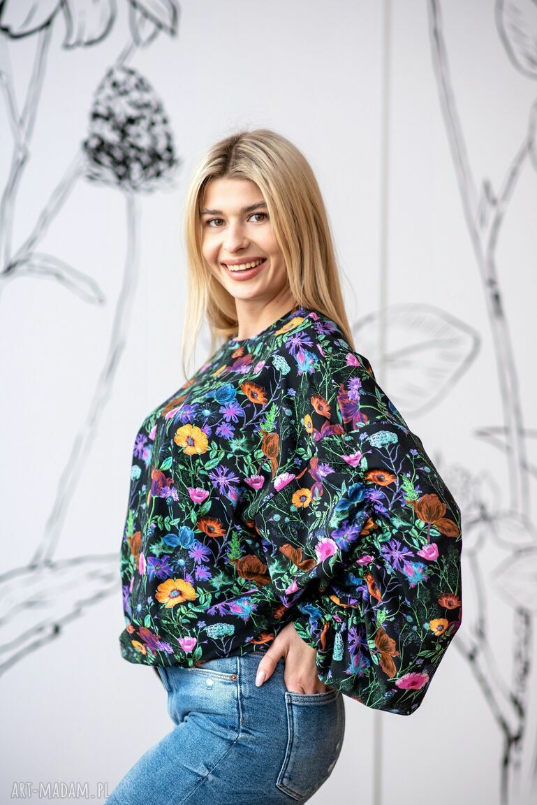 Bluzka z marszczonym rękawem Nagietki w kwiaty oversize z bawełny 95%