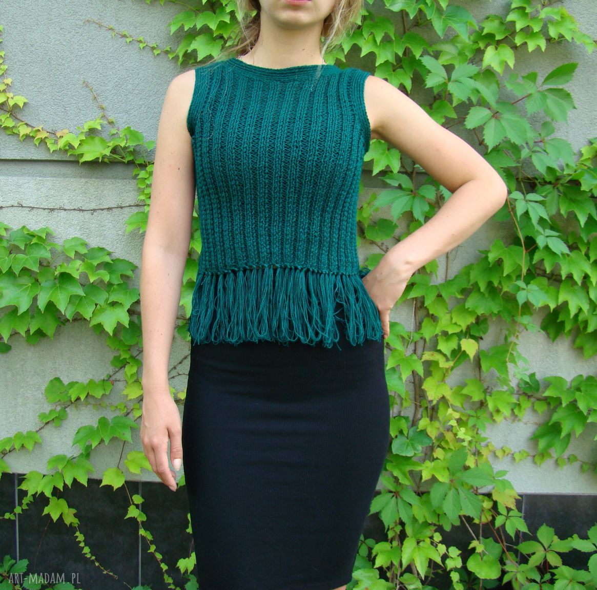 Bluzka z frędzlami - butelkowa zieleń (handmade, rozmiar S)
