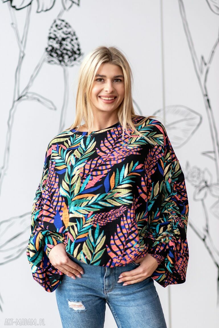 Bluzka z marszczonym rękawem liście pióra handmade bawełna z elastanem