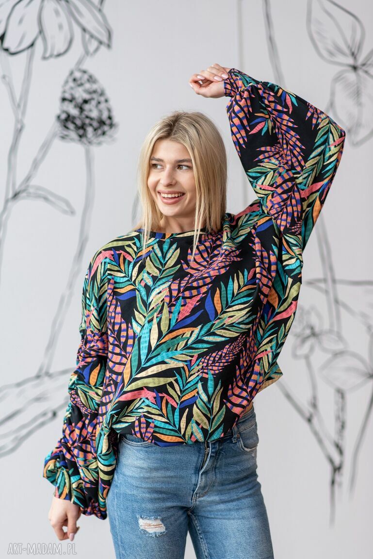 Bluzka z marszczonym rękawem liście pióra handmade bawełna z elastanem