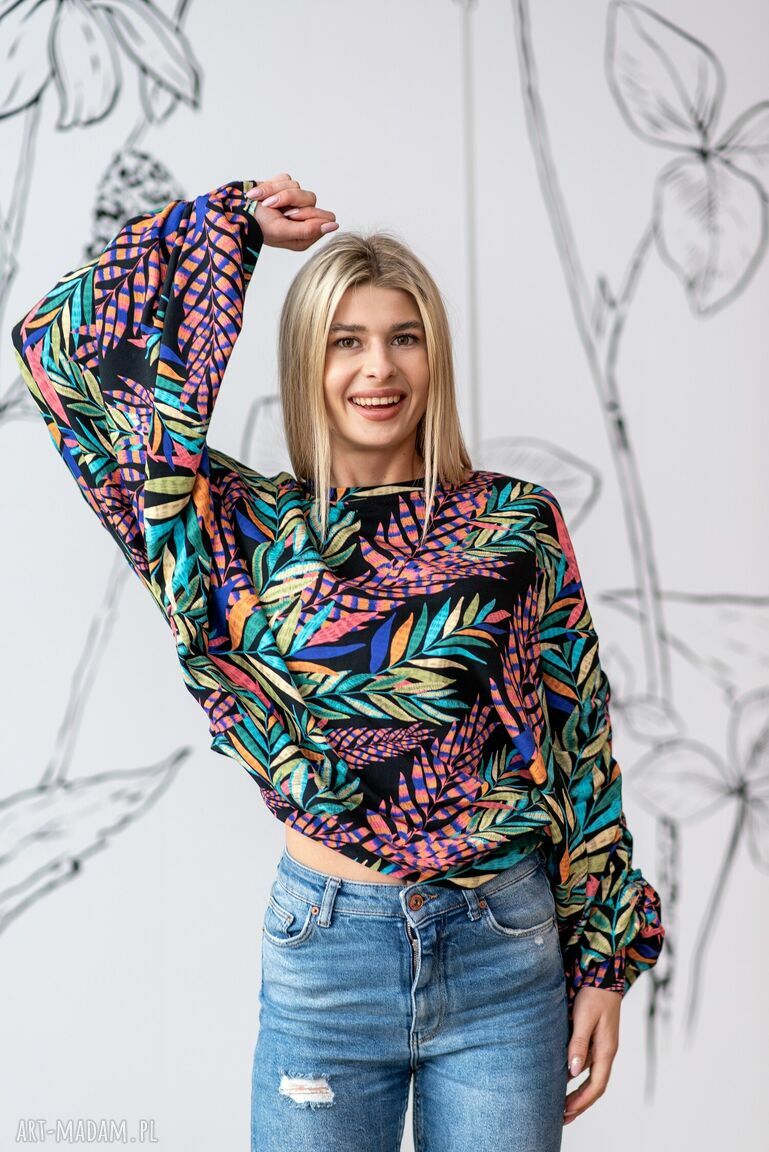 Bluzka z marszczonym rękawem liście pióra handmade bawełna z elastanem