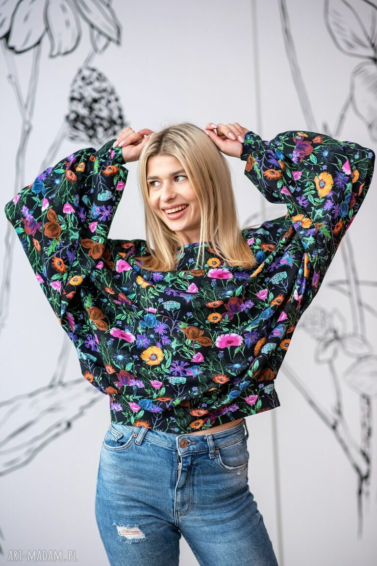 Bluzka z marszczonym rękawem Nagietki w kwiaty oversize z bawełny 95%