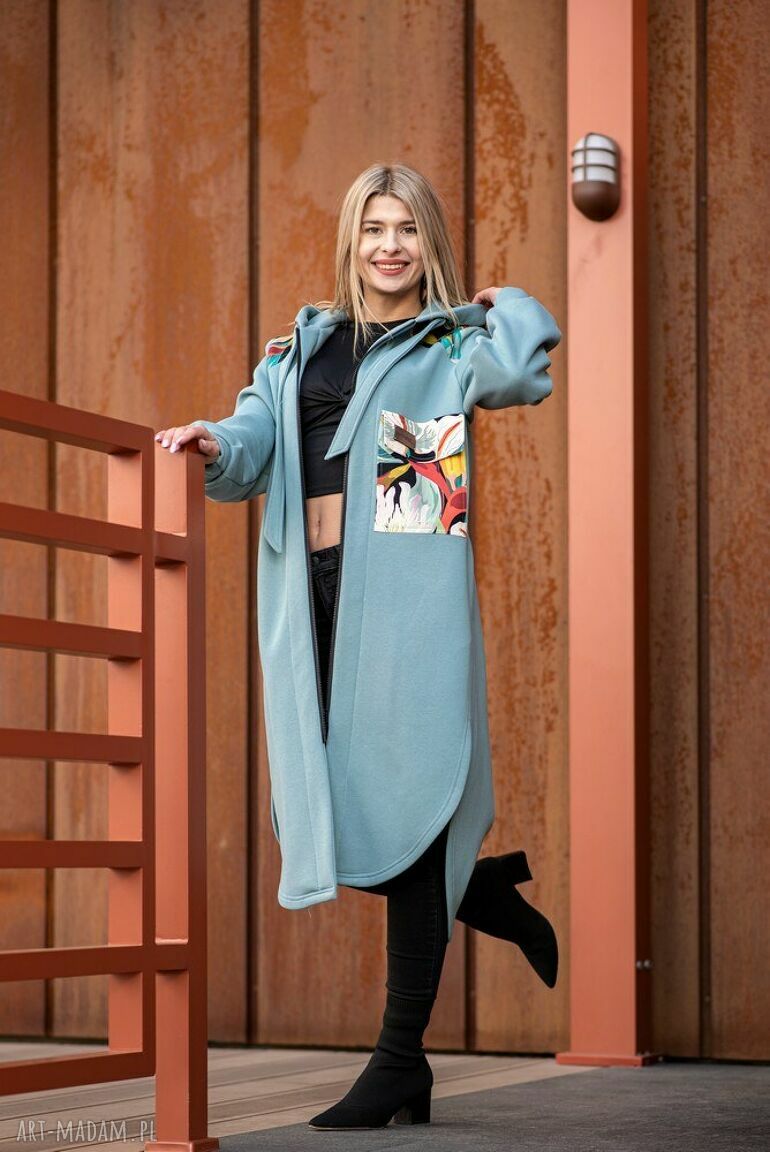 płaszcze: Bluzo płaszcz z kapturem ala koszula pastelowa mięta kalie Ręcznie zrobione