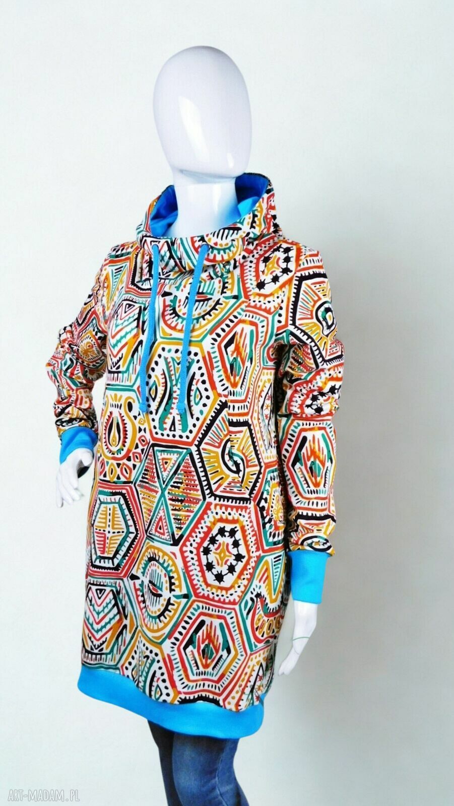 Bluzo-tunika damska AZTECKI STYL z kapturem kominem - handmade
