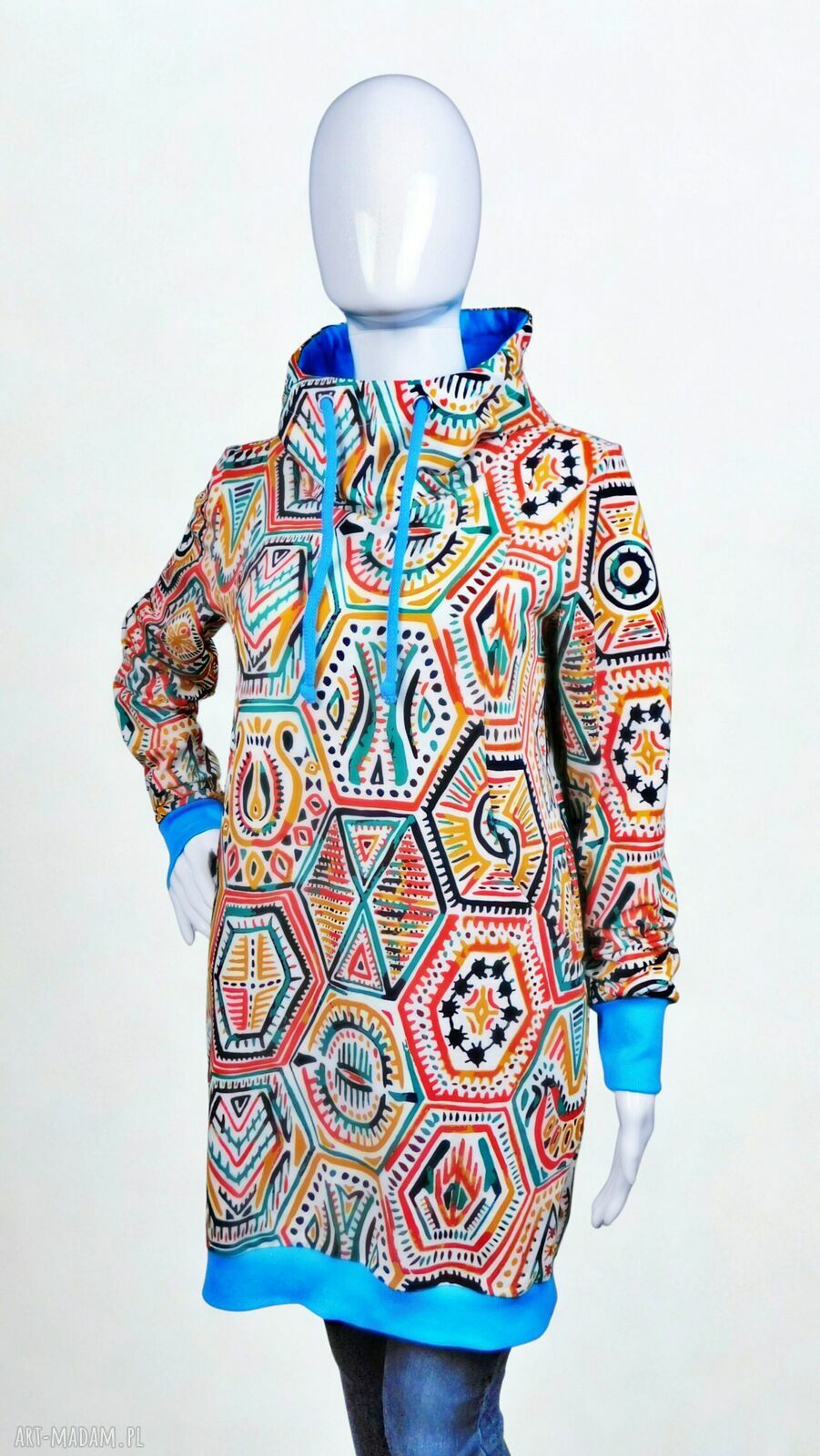 Bluzo-tunika damska AZTECKI STYL z kapturem (kominem) - handmade
