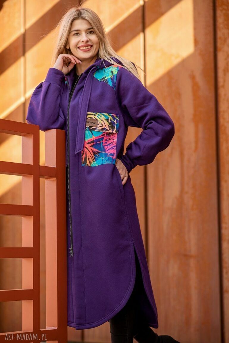 płaszcze: Bluzopłaszcz z kapturem ala koszula fioletowy Ręcznie zrobione