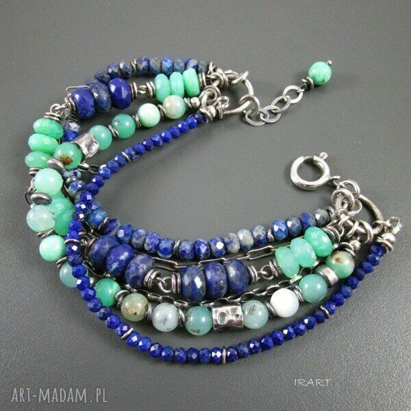 Bogata bransoletka z chryzoprazem i lapis lazuli w srebrze 925
