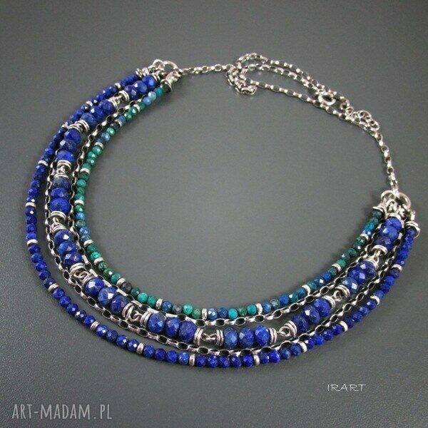 Bogaty naszyjnik z lapis lazuli i chryzokoli w srebrze 925 (handmade)