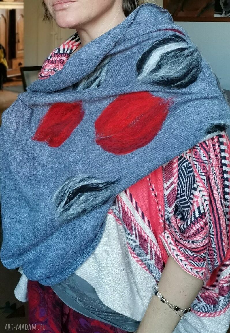 Etno-komin z wełny merynosów - szary boho, filcowana tuba na zimę (handmade)