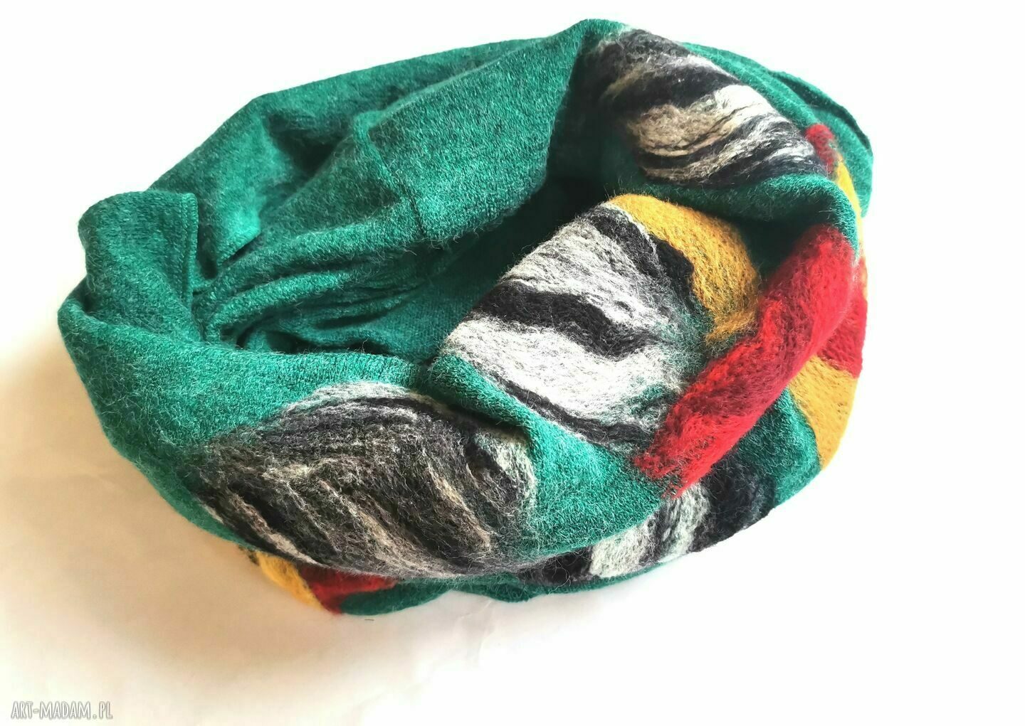 Wełniany komin boho etno z filcowanej wełny merynosów - turkusowy (tuba)