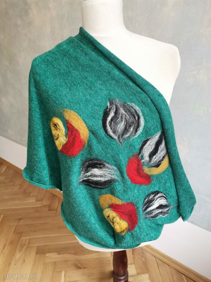Turkusowy komin boho z filcowanej wełny merynosów - etno ludowy, tuba (handmade)