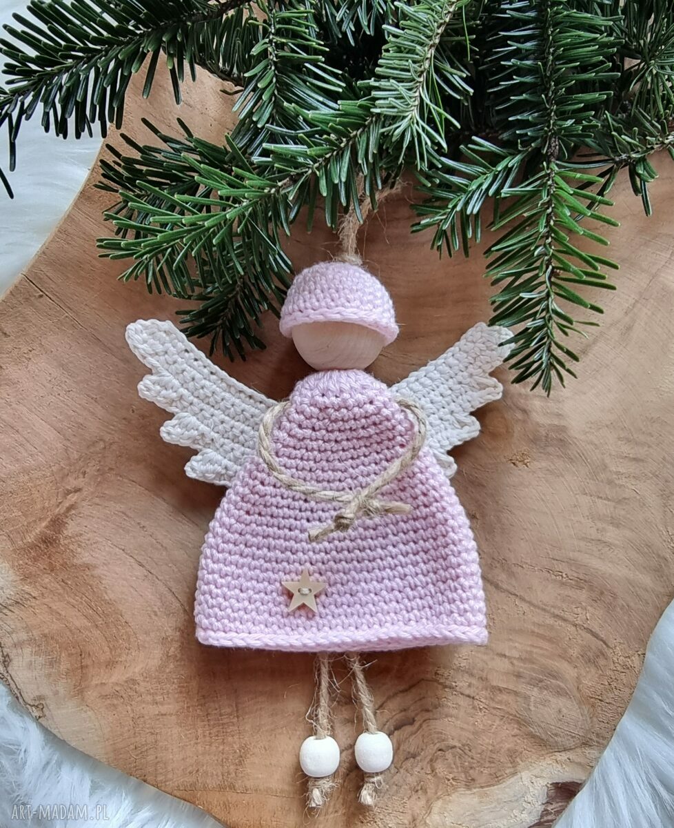 Anioł boho amulet intencyjny 20 cm ecru i zieleń - na szczęście i dobre intencje