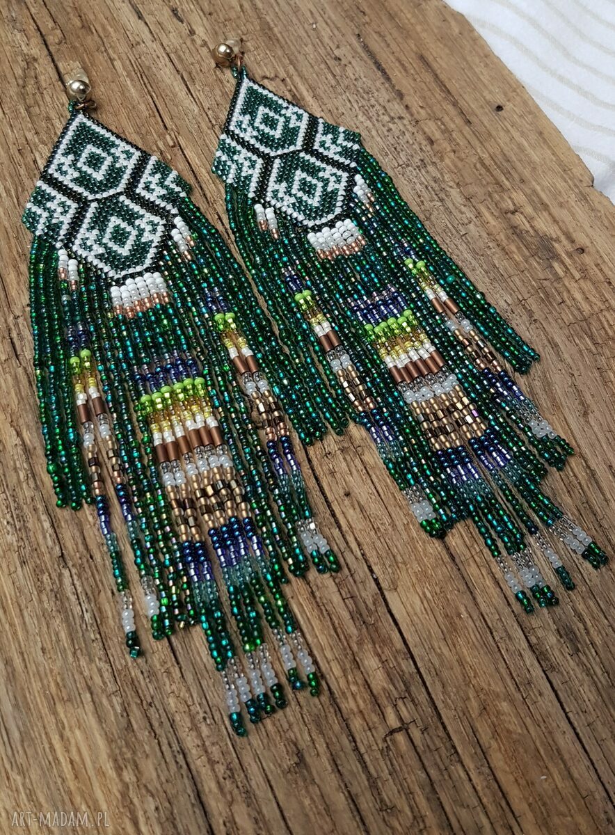 Boho kolczyki Zielone Macoda z długimi frędzlami (17 cm)