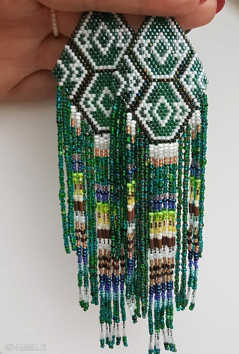 Boho kolczyki Zielone Macoda z długimi frędzlami (17 cm)
