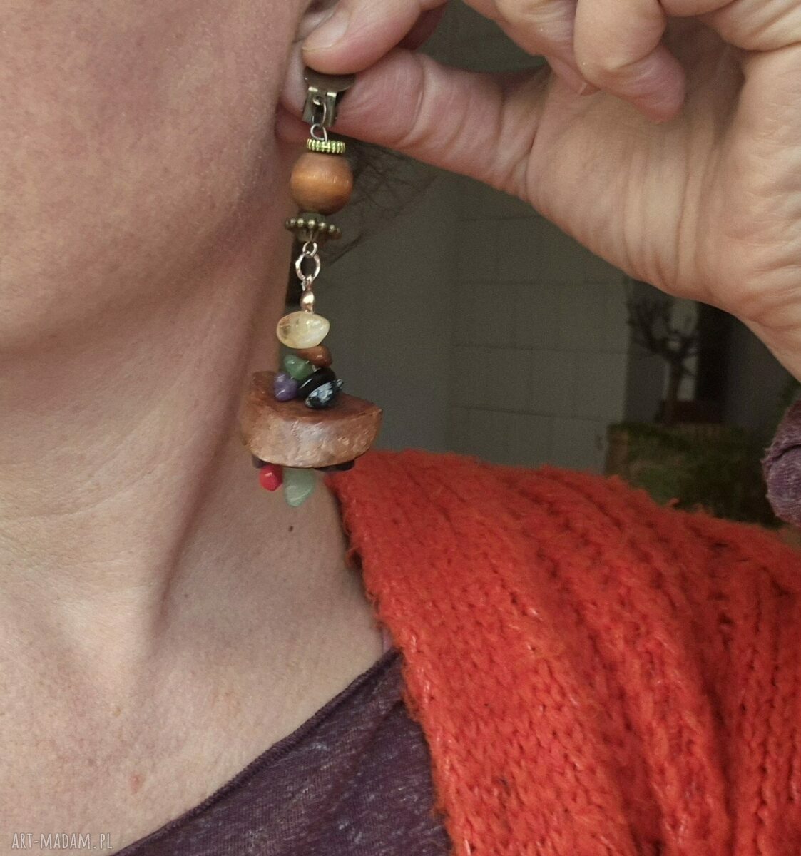Klipsy boho folk brązowe - Ruda Klara handmade x1