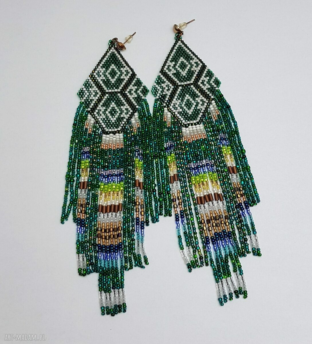 Boho kolczyki Zielone Macoda z długimi frędzlami (17 cm)