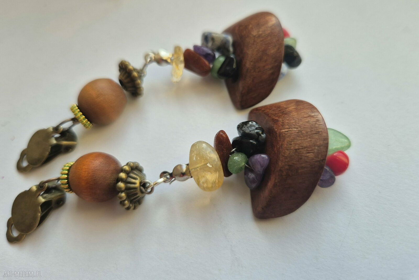 Klipsy boho folk brązowe - Ruda Klara handmade x1