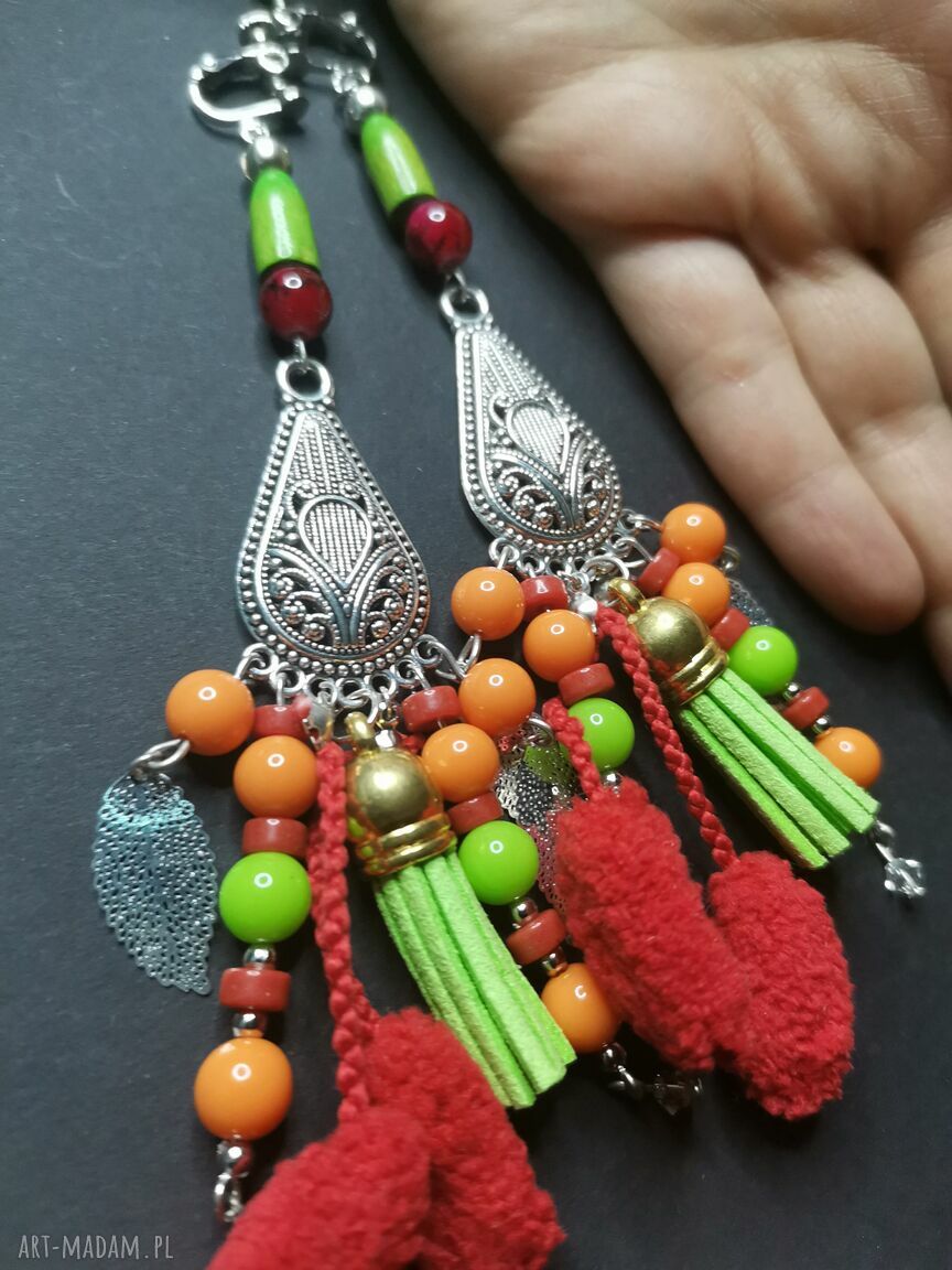 Klipsy boho czerwono-zielone frędzle - handmade