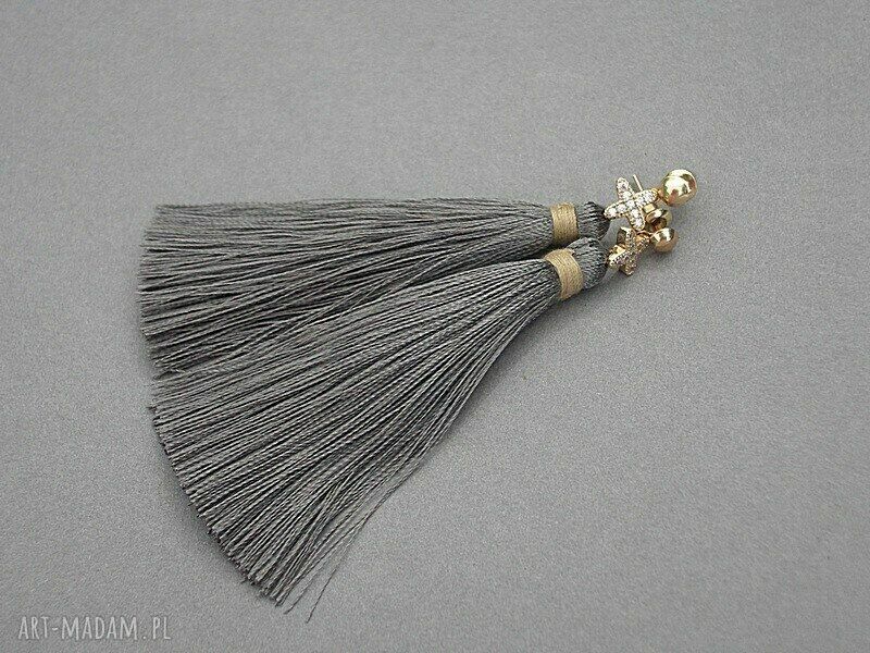 Boho Grey kolczyki z satynowych chwostów i cyrkonii 7,5 cm