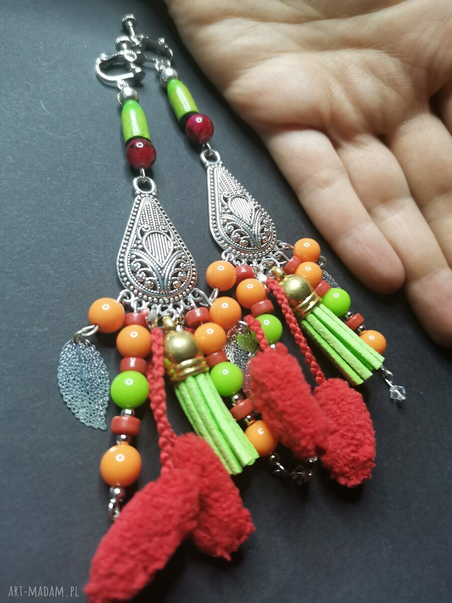 Klipsy boho czerwono-zielone frędzle - handmade
