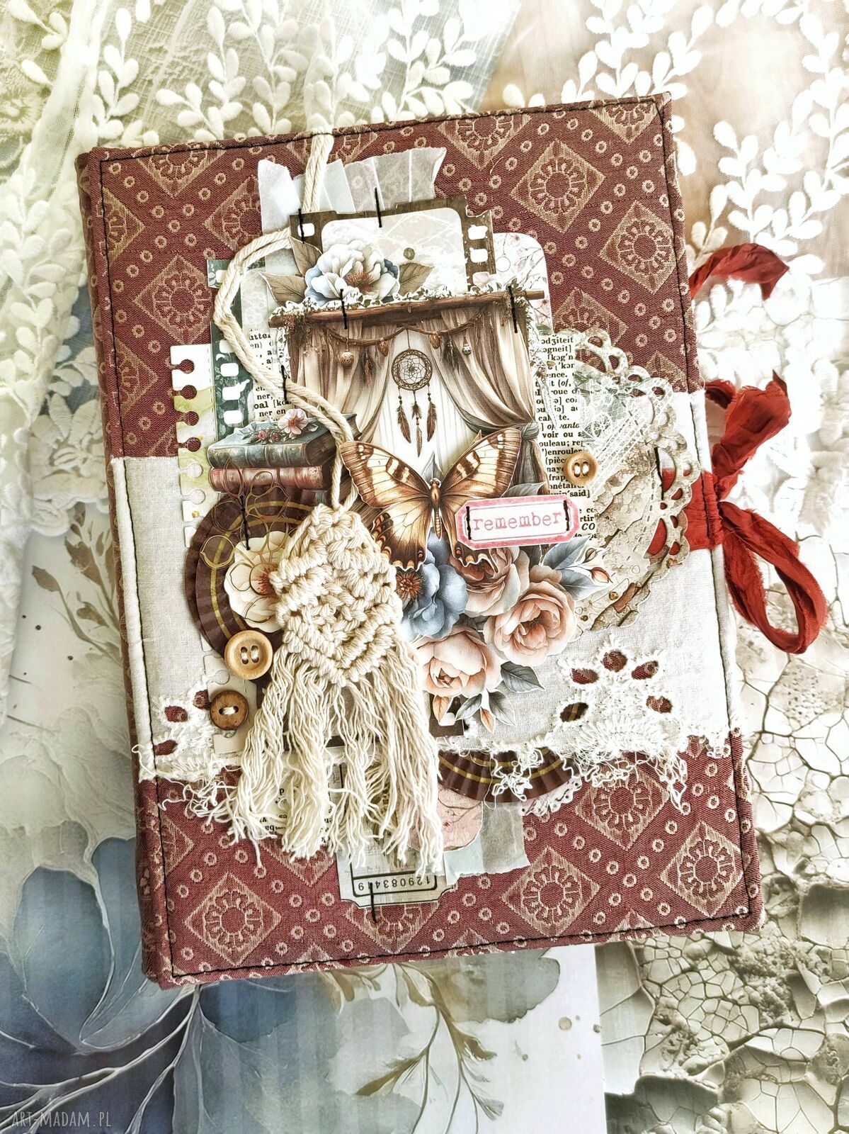Boho Junk Journal A5 vintage z koronką - ręcznie robiony notes na Twoje historie