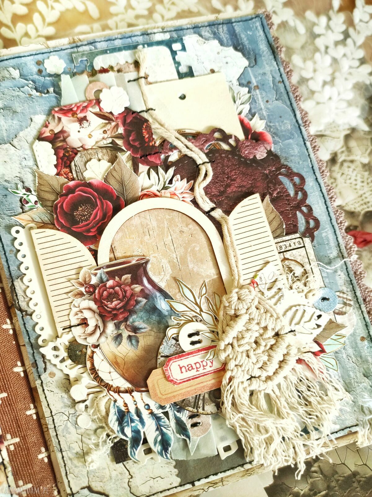 Boho Junk Journal A5 vintage z koronką - ręcznie robiony notes na Twoje historie
