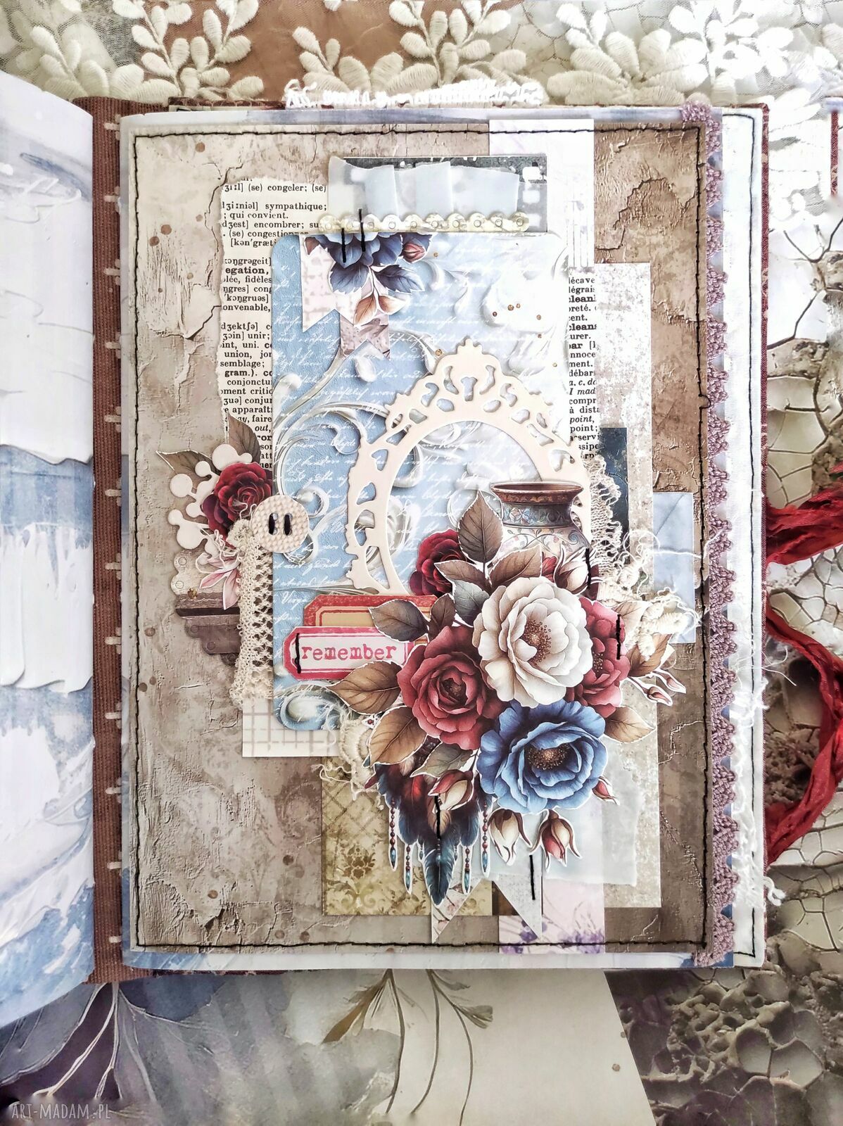 Boho Junk Journal A5 vintage z koronką - ręcznie robiony notes na Twoje historie