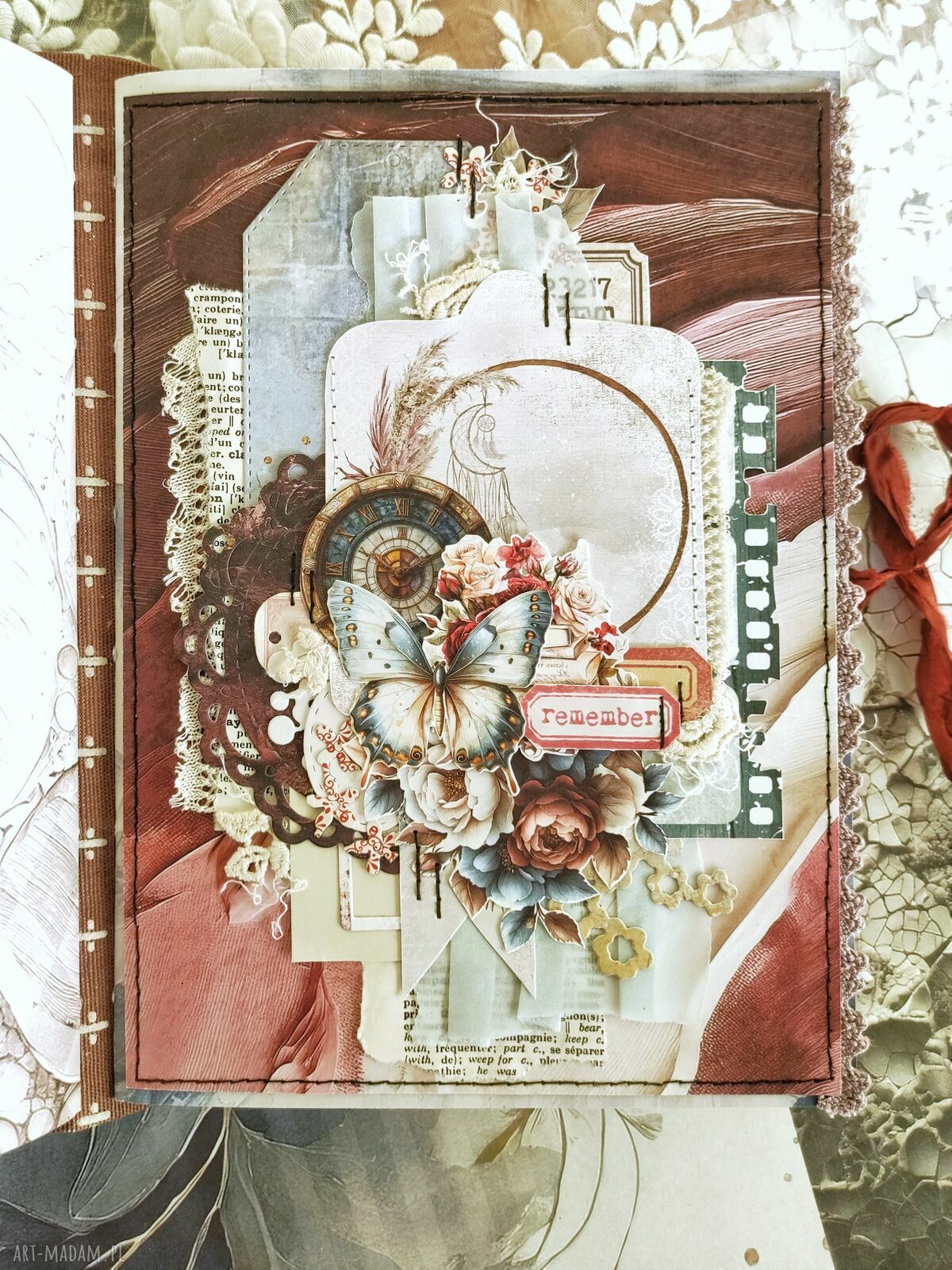 Boho Junk Journal A5 vintage z koronką - ręcznie robiony notes na Twoje historie